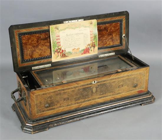 A late 19th century Swiss inlaid walnut and kingwood eight air musical box, width 34in. depth 14in. height 10.5in.